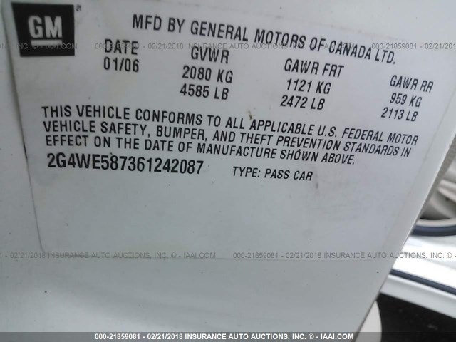 2G4WE587361242087 - 2006 BUICK LACROSSE CXS WHITE photo 9