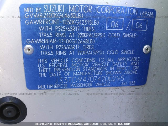 JS3TD947074200295 - 2007 SUZUKI GRAND VITARA LUXURY GRAY photo 9