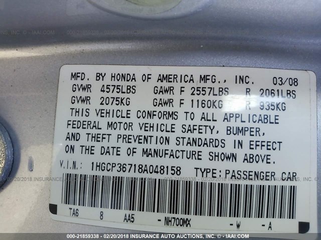 1HGCP36718A048158 - 2008 HONDA ACCORD EX SILVER photo 9