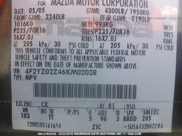 4F2YZ02Z46KM02038 - 2006 MAZDA TRIBUTE I GRAY photo 9