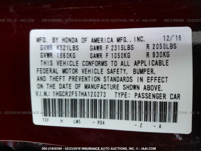 1HGCR2F57HA120273 - 2017 HONDA ACCORD SPORT 红色 照片 9