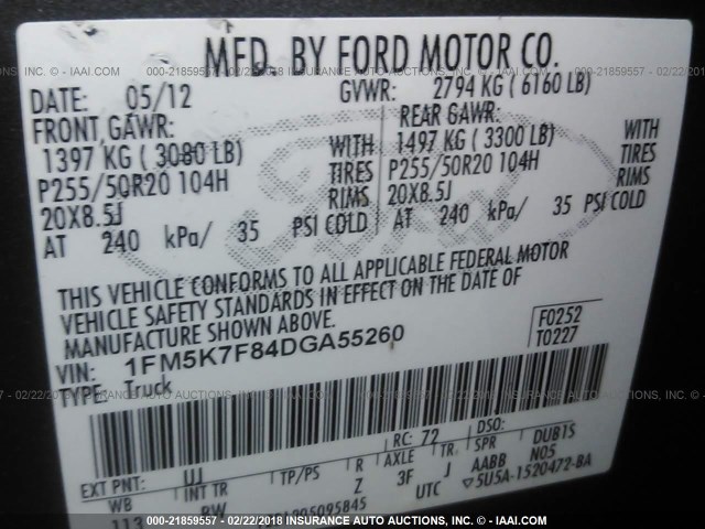 1FM5K7F84DGA55260 - 2013 FORD EXPLORER LIMITED 锡色 照片 9