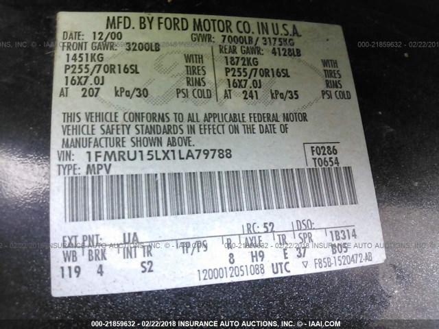 1FMRU15LX1LA79788 - 2001 FORD EXPEDITION XLT Ağ foto 9