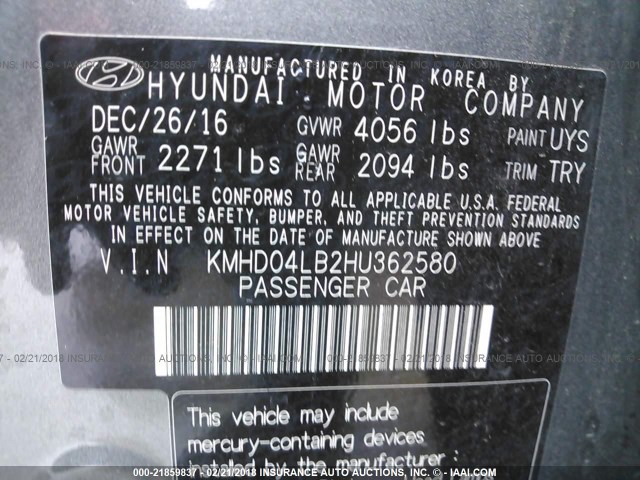 KMHD04LB2HU362580 - 2017 HYUNDAI ELANTRA SPORT GRAY photo 9