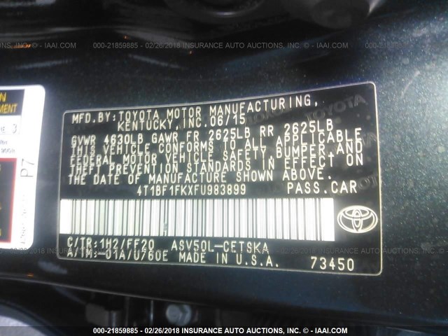 4T1BF1FKXFU983899 - 2015 TOYOTA CAMRY LE/XLE/SE/XSE Schwarz Foto 9