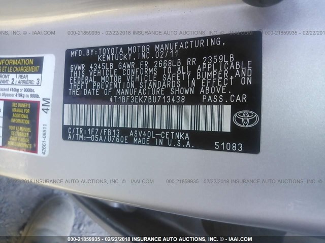 4T1BF3EK7BU713438 - 2011 TOYOTA CAMRY SE/LE/XLE Серебристый фото 9