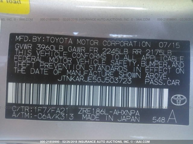 JTNKARJE5GJ503723 - 2016 TOYOTA SCION IM SILVER photo 9