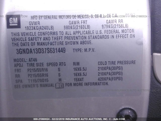 3GNDA13D37S631449 - 2007 CHEVROLET HHR LS SILVER photo 9