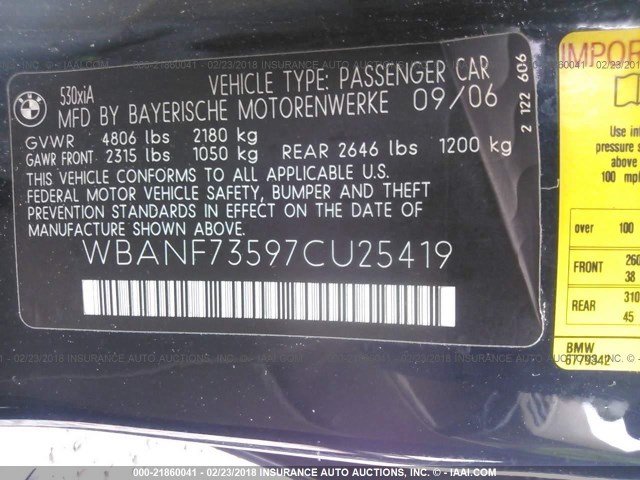 WBANF73597CU25419 - 2007 BMW 530 XI BLACK photo 9