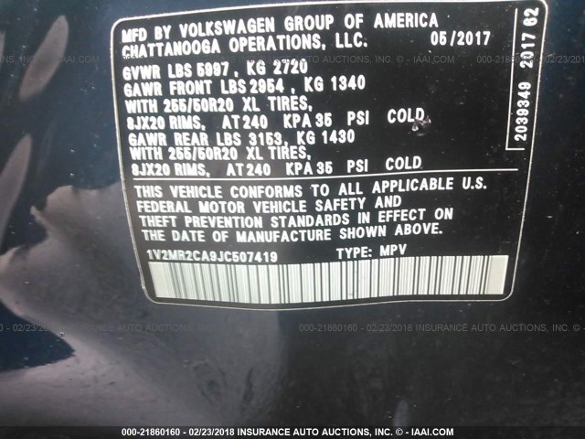 1V2MR2CA9JC507419 - 2018 VOLKSWAGEN ATLAS SEL Mavi foto 9