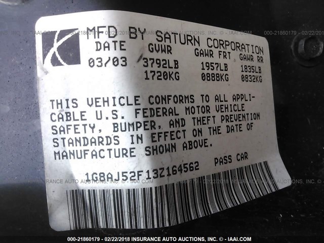1G8AJ52F13Z164562 - 2003 SATURN ION LEVEL 2 BLACK photo 9