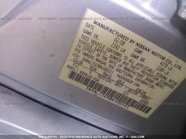 1N4AL21E98N500521 - 2008 NISSAN ALTIMA 2.5/2.5S SILVER photo 9