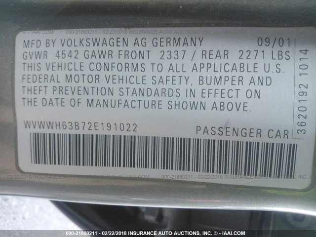 WVWWH63B72E191022 - 2002 VOLKSWAGEN PASSAT GLX 灰色 照片 9
