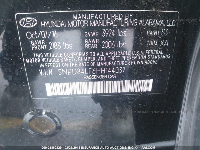 5NPD84LF6HH144037 - 2017 HYUNDAI ELANTRA SE/VALUE/LIMITED BLACK photo 9