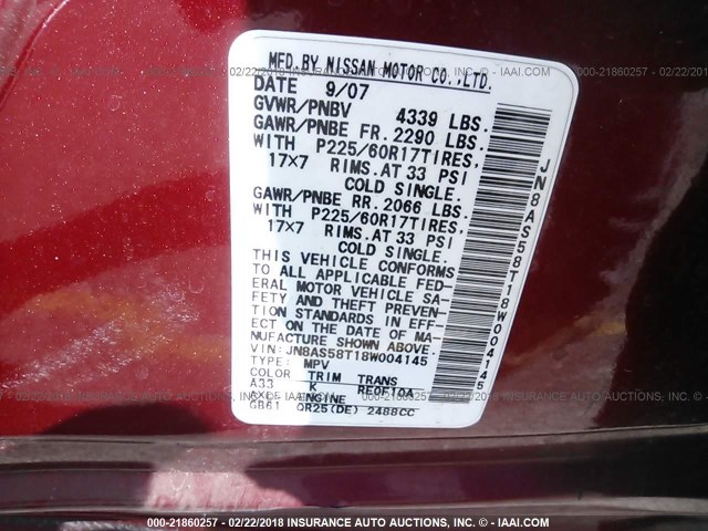 JN8AS58T18W004145 - 2008 NISSAN ROGUE S/SL RED photo 9