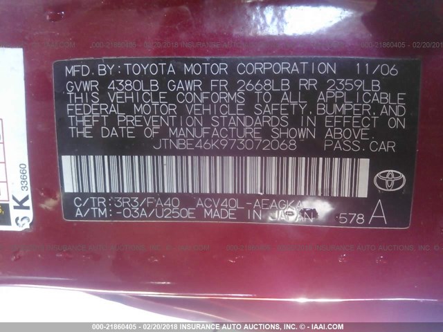 JTNBE46K973072068 - 2007 TOYOTA CAMRY NEW GENERAT CE/LE/XLE/SE RED photo 9