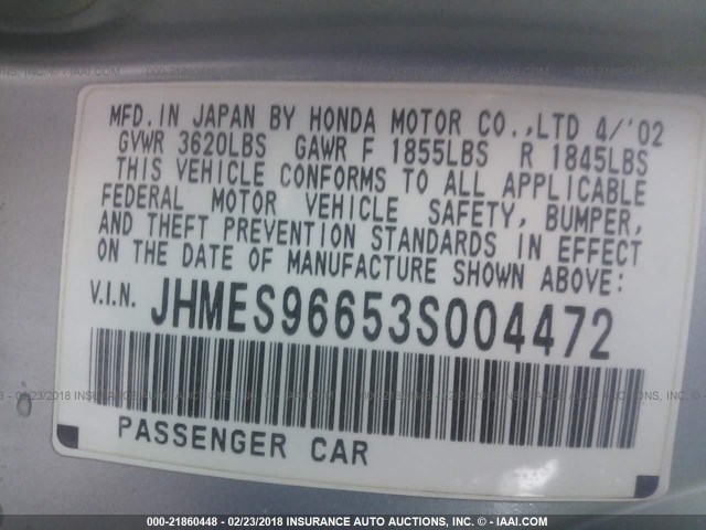 JHMES96653S004472 - 2003 HONDA CIVIC HYBRID Light Blue photo 9