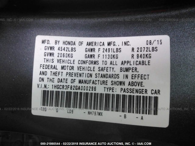 1HGCR3F82GA000296 - 2016 HONDA ACCORD EXL GRAY photo 9