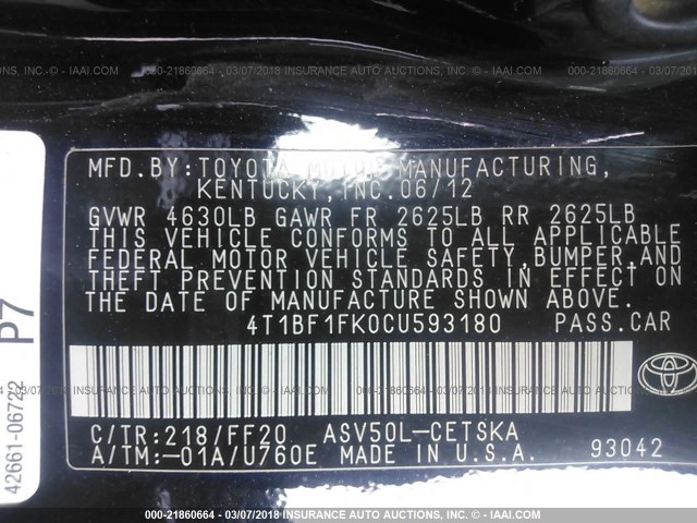 4T1BF1FK0CU593180 - 2012 TOYOTA CAMRY SE/LE/XLE BLACK photo 9