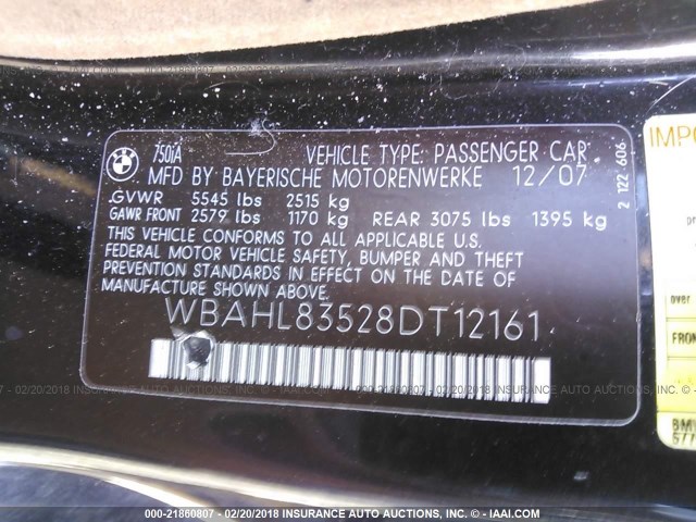 WBAHL83528DT12161 - 2008 BMW 750 I BLACK photo 9