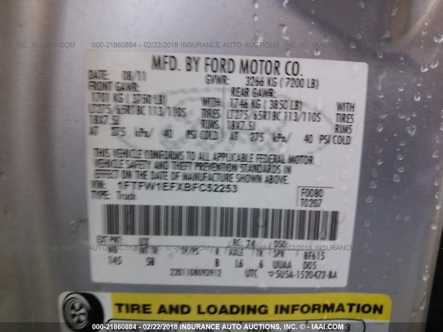 1FTFW1EFXBFC52253 - 2011 FORD F150 SUPERCREW SILVER photo 9