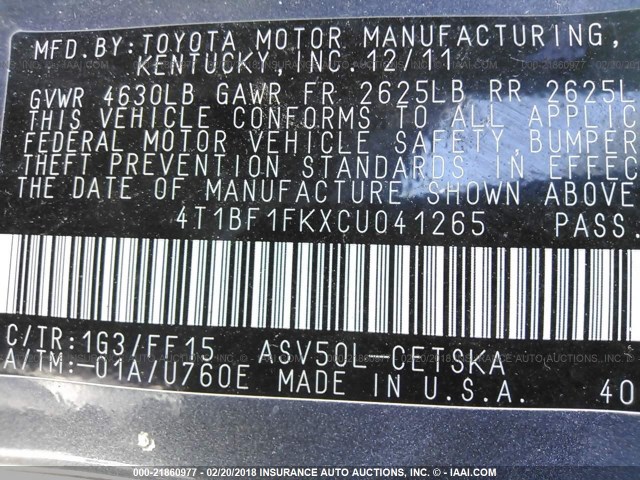 4T1BF1FKXCU041265 - 2012 TOYOTA CAMRY SE/LE/XLE GRAY photo 9