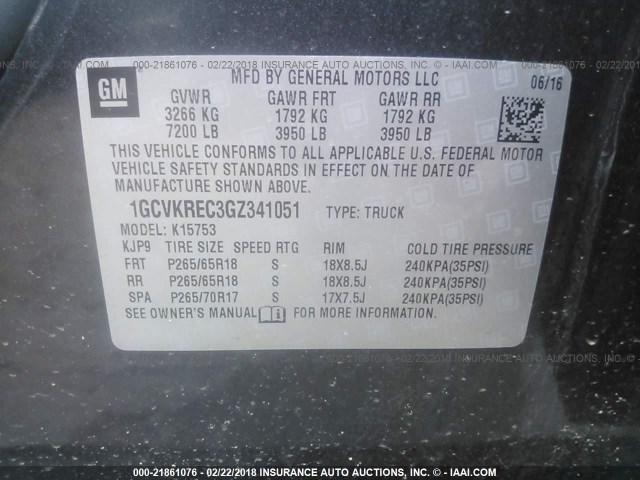 1GCVKREC3GZ341051 - 2016 CHEVROLET SILVERADO K1500 LT GRAY photo 9