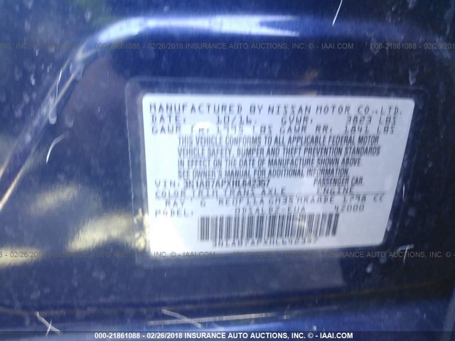 3N1AB7APXHL642357 - 2017 NISSAN SENTRA S/SV/SR/SL 蓝色 照片 9