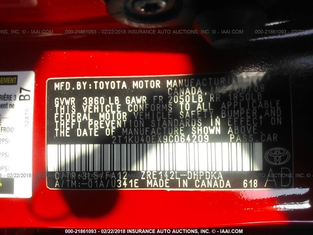 2T1KU40EX9C064209 - 2009 TOYOTA COROLLA MATRIX  RED photo 9