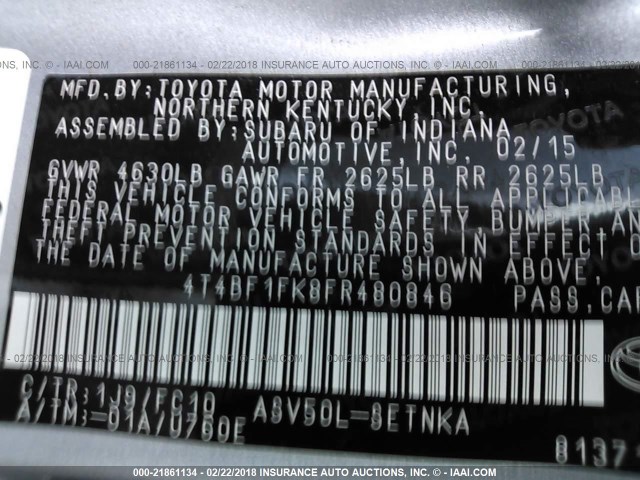 4T4BF1FK8FR480846 - 2015 TOYOTA CAMRY LE/XLE/SE/XSE GRAY photo 9