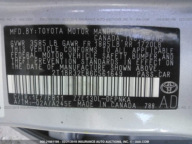 2T1BR32E86C561649 - 2006 TOYOTA COROLLA CE/LE/S SILVER photo 9