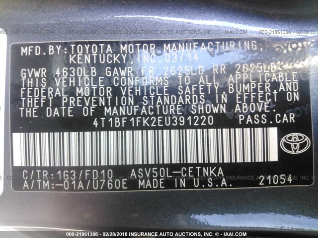 4T1BF1FK2EU391220 - 2014 TOYOTA CAMRY L/SE/LE/XLE ნაცრისფერი ფოტო 9