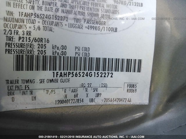 1FAHP56S24G152272 - 2004 FORD TAURUS SEL GRAY photo 9