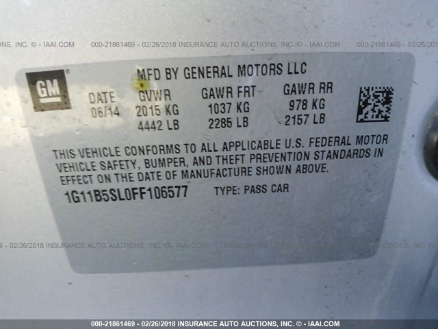 1G11B5SL0FF106577 - 2015 CHEVROLET MALIBU LS 银色 照片 9