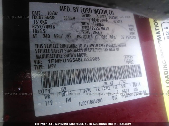 1FMFU16548LA26985 - 2008 FORD EXPEDITION XLT მუქწითელი ფოტო 9