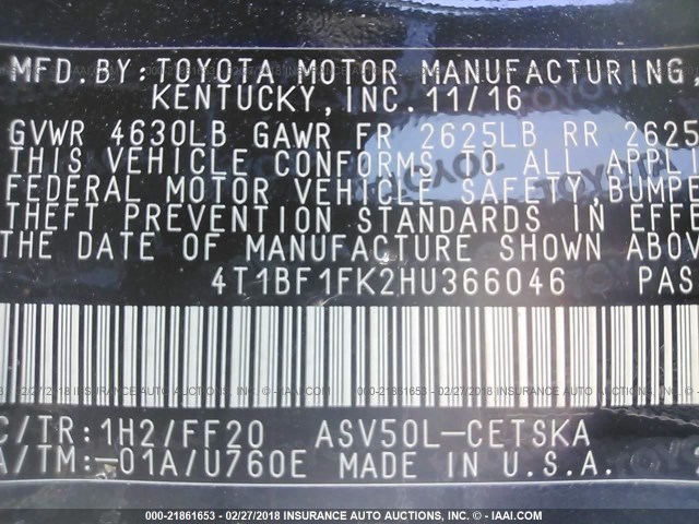 4T1BF1FK2HU366046 - 2017 TOYOTA CAMRY LE/XLE/SE/XSE BLUE photo 9