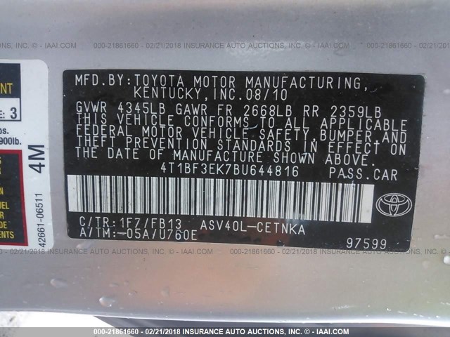 4T1BF3EK7BU644816 - 2011 TOYOTA CAMRY SE/LE/XLE Серебристый фото 9