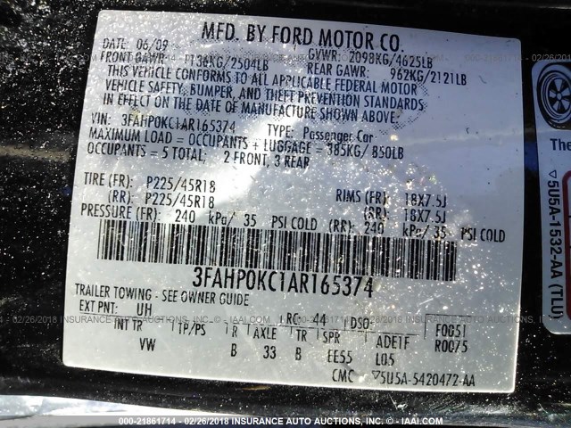 3FAHP0KC1AR165374 - 2010 FORD FUSION SPORT BLACK photo 9