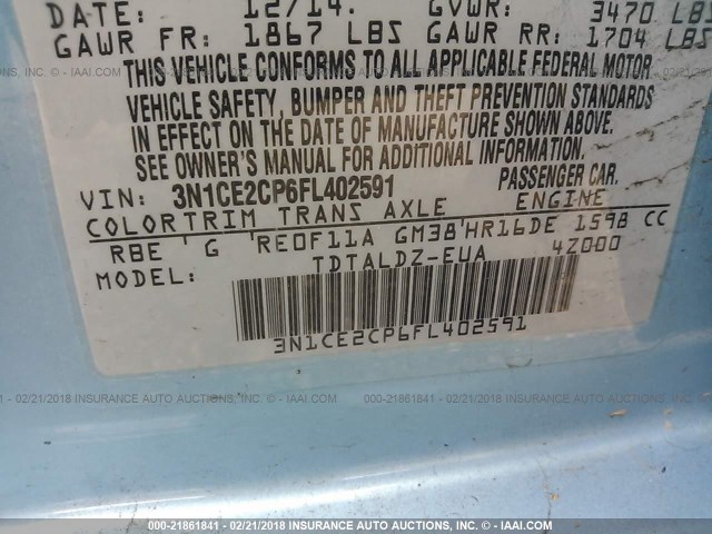 3N1CE2CP6FL402591 - 2015 NISSAN VERSA NOTE S/S PLUS/SV/SL/SR Light Blue photo 9