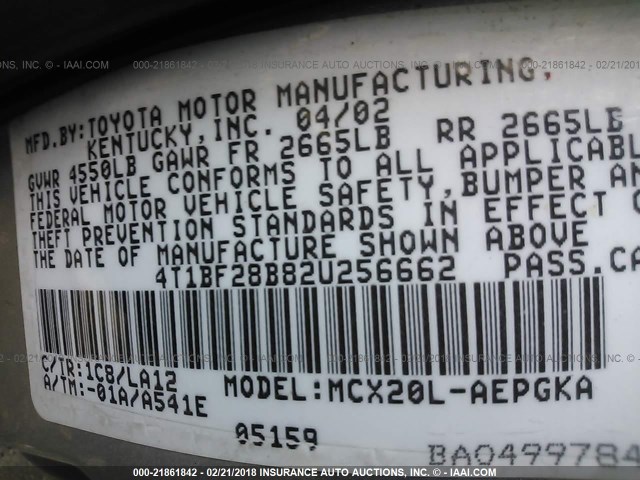 4T1BF28B82U256662 - 2002 TOYOTA AVALON XL/XLS SILVER photo 9