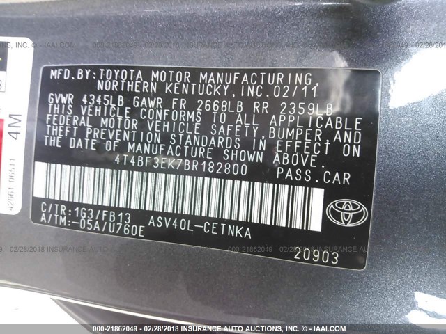 4T4BF3EK7BR182800 - 2011 TOYOTA CAMRY SE/LE/XLE Сұр фото 9