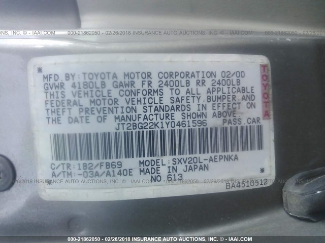 JT2BG22K1Y0461596 - 2000 TOYOTA CAMRY CE/LE/XLE 棕色 照片 9