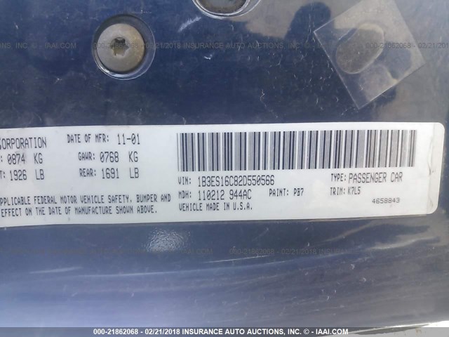 1B3ES16C82D550566 - 2002 DODGE NEON S BLUE photo 9