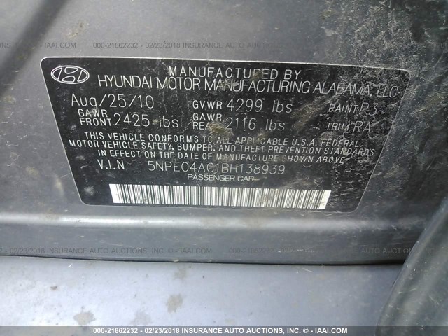 5NPEC4AC1BH138939 - 2011 HYUNDAI SONATA SE/LIMITED GRAY photo 9