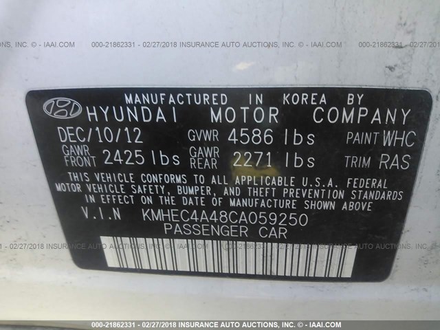 KMHEC4A48CA059250 - 2012 HYUNDAI SONATA HYBRID WHITE photo 9