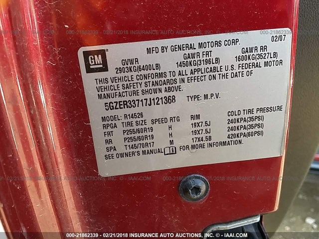 5GZER33717J121368 - 2007 SATURN OUTLOOK SPECIAL წითელი ფოტო 9