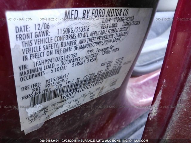 1FAHP24107G149352 - 2007 FORD FIVE HUNDRED SEL RED photo 9