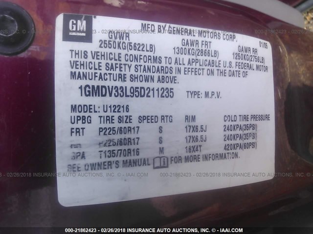 1GMDV33L95D211235 - 2005 PONTIAC MONTANA SV6 MAROON photo 9