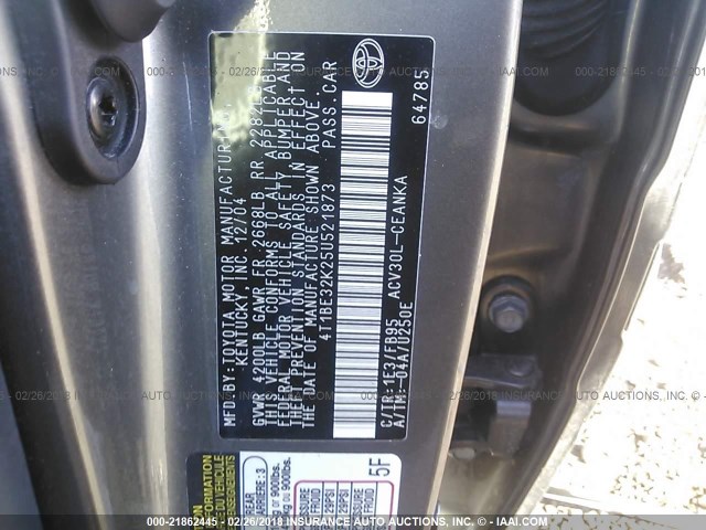 4T1BE32K25U521873 - 2005 TOYOTA CAMRY LE/XLE/SE GRAY photo 9