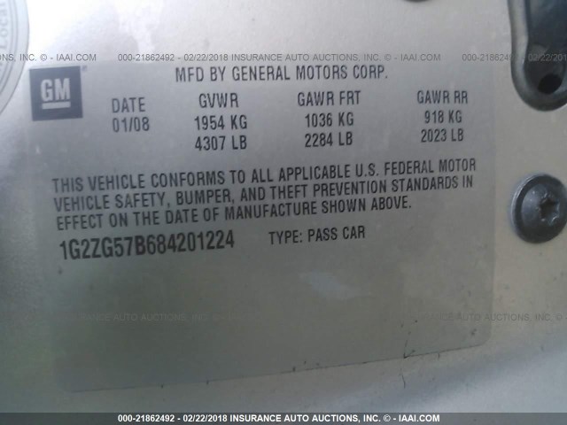 1G2ZG57B684201224 - 2008 PONTIAC G6 SE SILVER photo 9